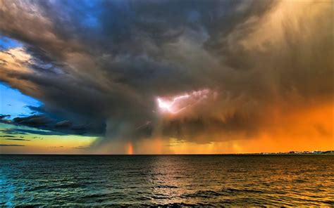 Download Horizon Sea Ocean Lightning Sunset Cloud Nature Storm Hd Wallpaper