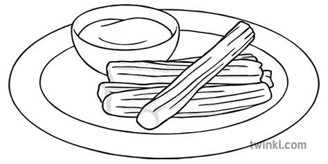 Churros Con Chocolate Black And White Illustration Twinkl