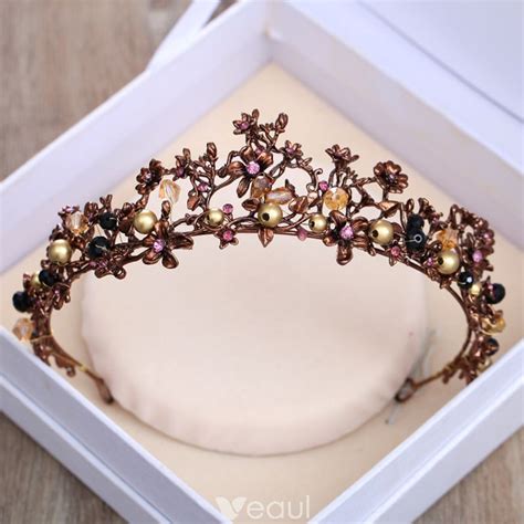 Vintage Retro Brown Tiara 2018 Metal Crystal Pearl Rhinestone