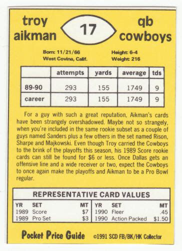 Learn about the approximate value formula; 1990 1991 SCD Troy Aikman Pocket Price Guide Card For Sale