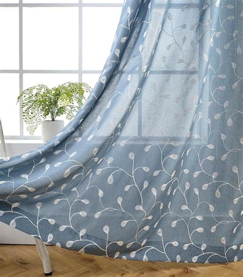 Miuco Floral Embroidered Semi Sheer Curtains Faux Linen