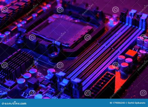 Motherboard In Neon Red Blue Color Computer Parts Stock Photo Image