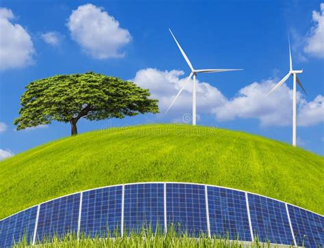 Lonely Tree With Photovoltaics Solar Panels And Wind Turbines