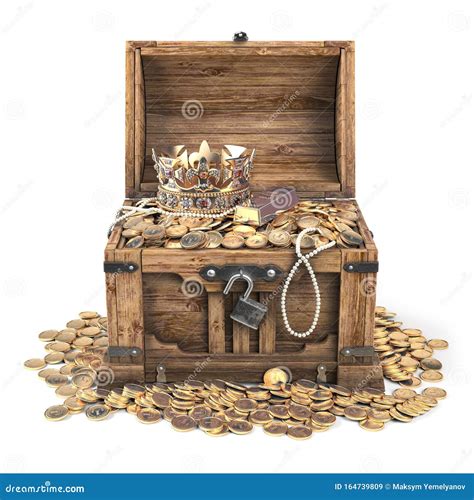 Open Treasure Chest Filled With Golden Coins Gold And Jewelry Isolated