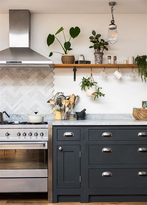 Dark Shaker Kitchen With Open Shelving And Tiled Splashback Grey