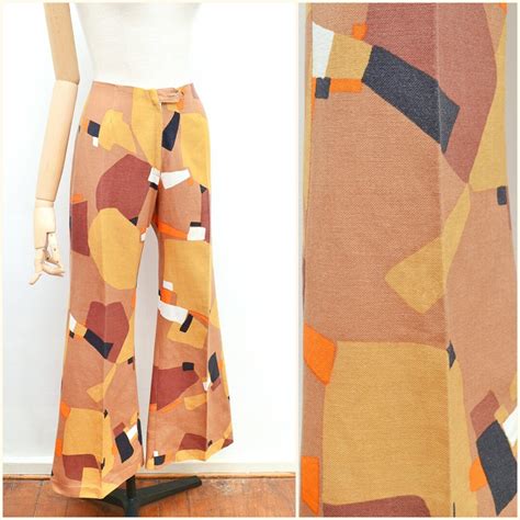 1970s Printed Flared Trousers 70s Cotton Abstract Print Loons Groovy Daywear Xxs Etsy