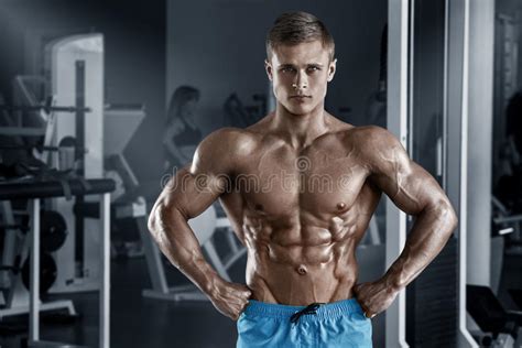 Muscular Man In Gym Working Out Shaped Abdominal Strong Male Naked