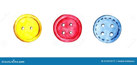 Watercolor Illustration Set Of Buttons For Clothes Yellow Red Blue