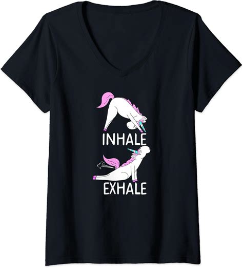 Damen Inhale Exhale Pupsendes Einhorn Yoga Meme T Shirt Mit V Ausschnitt Amazonde Bekleidung