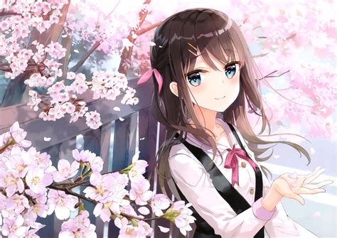 Blue Eyes Brown Hair Cherry Blossoms Cropped Flowers