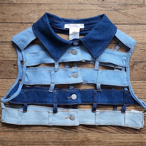 New 3 Tone Denim Waistband Cropped Stretch Collar Vest Refashion Clothes Denim Fashion