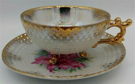 Norcrest Tea Cup And Saucer Iridescent Pearl Pink Floral Gold Trim Footed Ebay Tea Cups Tea
