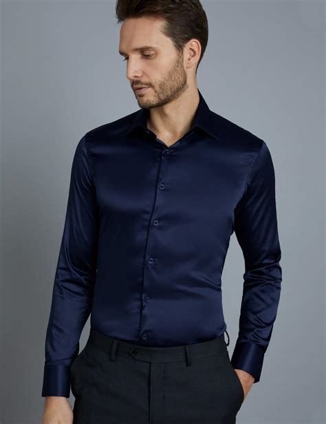 Hawes And Curtis Navy Satin Slim Fit Stretch Shirt In Blue For Men Lyst
