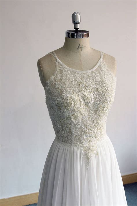 Flowy Aline Boho Lace Wedding Dress Chiffon Lace Wedding Etsy