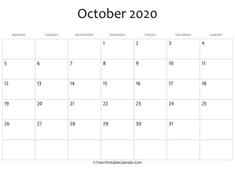 Editable 2020 October Calendar