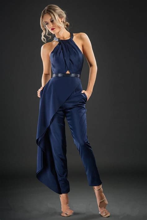 Designer Navy Blue Jumpsuit Prom Dresses Cross Strap Sash Satin Pant