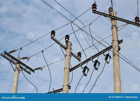 Closeup Of Triple Concrete Power Poles Stock Image Image Of Electric