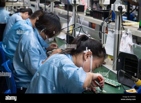 Asian Chinese Electronics Factory Workers Female Industry Manufacturing