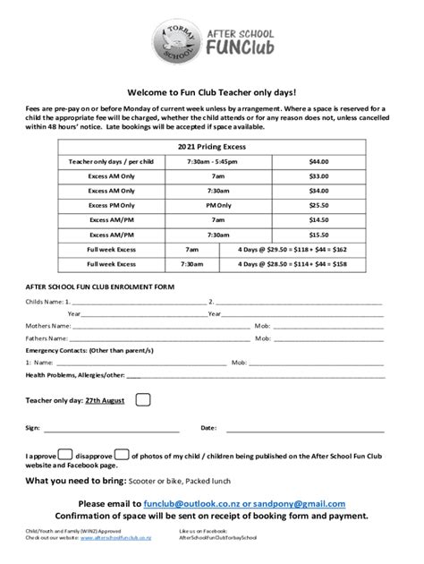 Fillable Online After School Fun Club Enrolment Form Fax Email Print