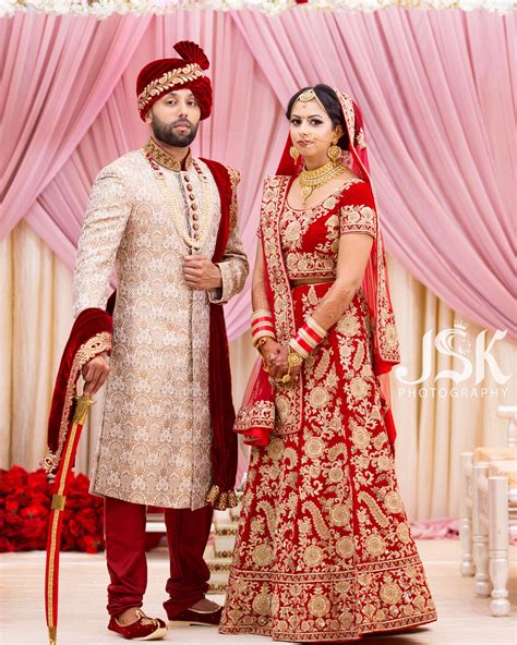 Indian Wedding Couple Outfits Standing Wearing Sherwa