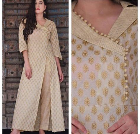 Beautiful Brocade Silk Kurti With Potli And Shawl Collar Detailing Silk Kurti Designs Long