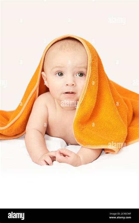 Cute Little Baby Under Bath Towel Happy Kid Portrait White
