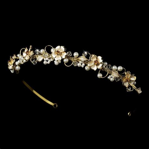 gold or silver flower swarovski crystal faux pearl wedding bridal tiara headband tiara