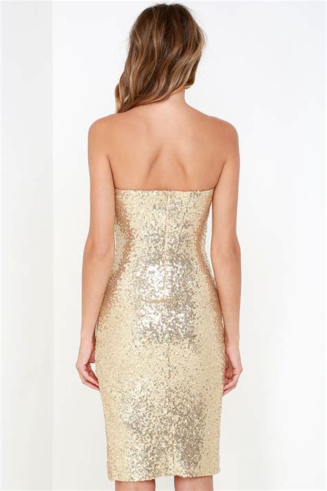 Sexy Gold Sequin Dress Strapless Dress Midi Dress 6500