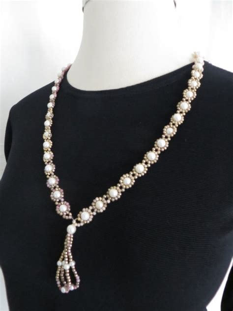 Vintage 70s Costume Jewelry Tassel Necklace Pearl Beads