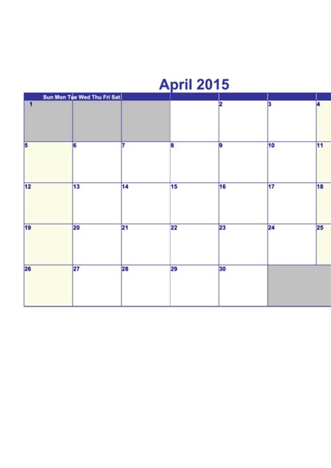 Calendar Template April 2015 Printable Pdf Download