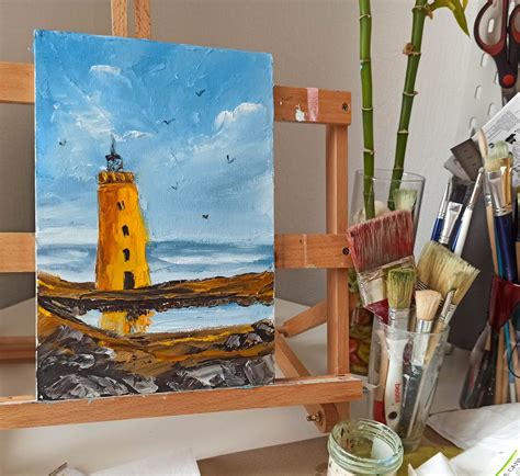 Lighthouse Painting Palette Knife Original Art Impasto Etsy