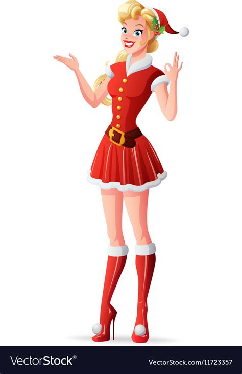Woman In Red Christmas Santa Outfit Showing Vector Image