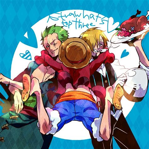 Luffy Zoro Sanji Straw Hats Top Three Text The Monster Trio Food Meat Cute Smiling