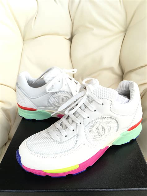 Chanel pink suede & tan tennis shoes. Chanel White 2015 Cc Logo Suede Tennis Trainers Rainbow ...