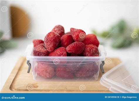 Frozen Ripe Strawberries In A Plastic Container Stock Photo Image Of