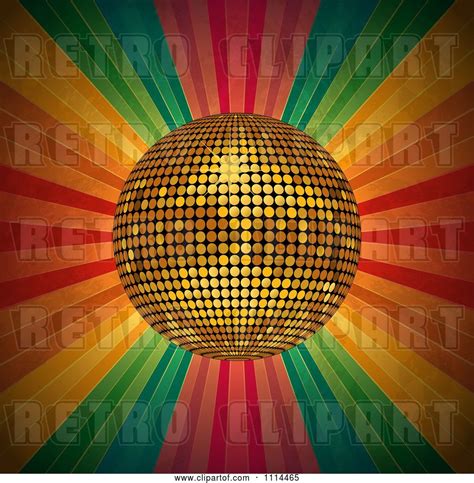 Vector Clip Art Of Retro 3d Golden Disco Ball Over Grungy Colorful Rays