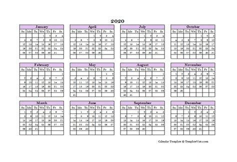 2020 One Page Yearly Calendar Template Template Vista