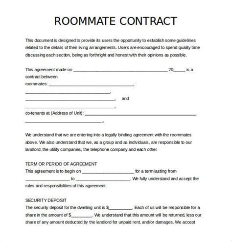 Printable Roommate Agreement Template
