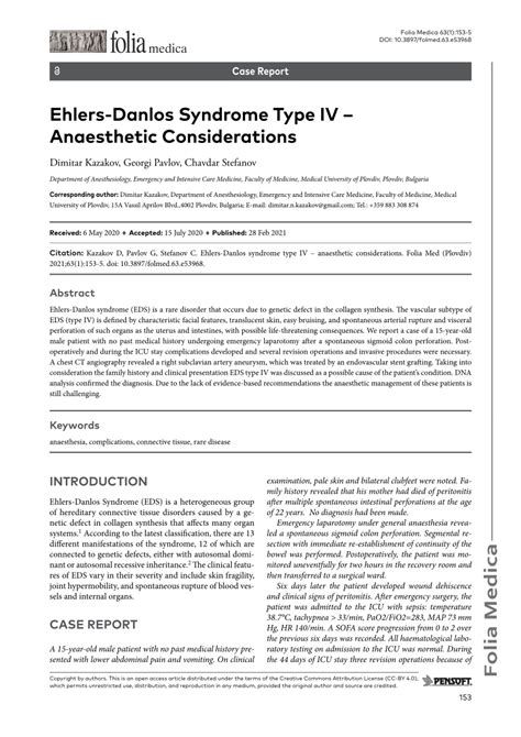 Pdf Ehlers Danlos Syndrome Type Iv Anaesthetic Considerations