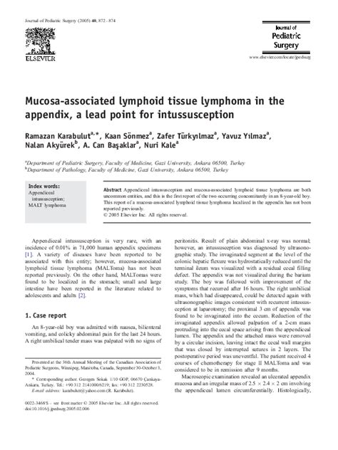 Pdf Mucosa Associated Lymphoid Tissue Lymphoma In The Appendix A