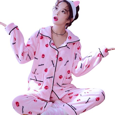 H5856 Cute Women Pajamas Suit Winter Thickened Coral Velvet Home Wear