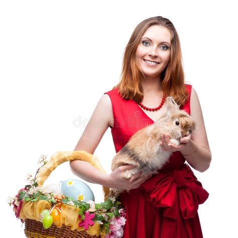Cheerful Easter Woman With Rabbit Stock Photo Image Of Hare Isolated