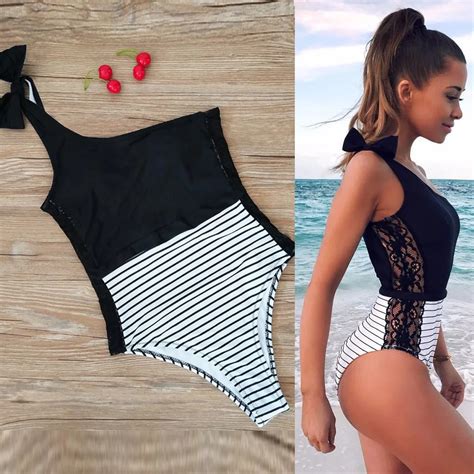 Women Swimsuit Sexy One Shoulder Striped Hollow Out Lace High Waist Push Up Padded Bathing