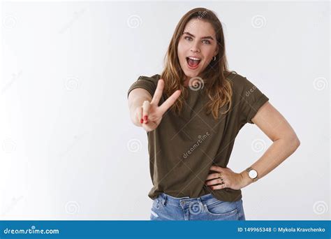 Confident Good Looking Enthusiastic Woman Feeling Rock Star Posing