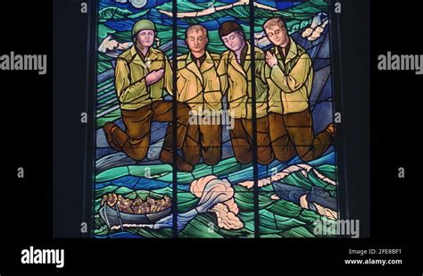1960s Stained Glass Window Of Four Soldiers Kneeling In Prayer Person