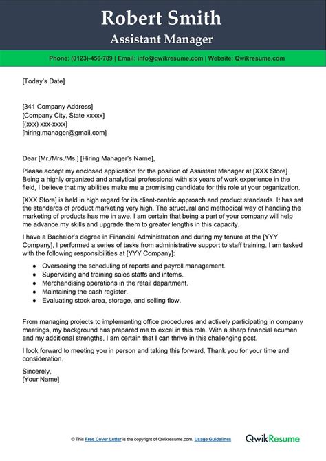 Assistant Manager Cover Letter Examples Qwikresume