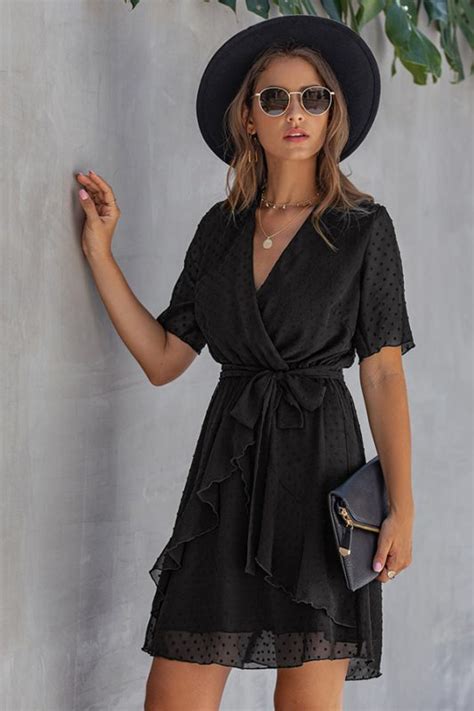 Short Black Wrap Dress With V Neck And Ruffle Design