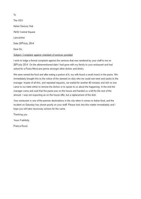 Restaurant Service Complaint Letter Sample How To Create A Restaurant