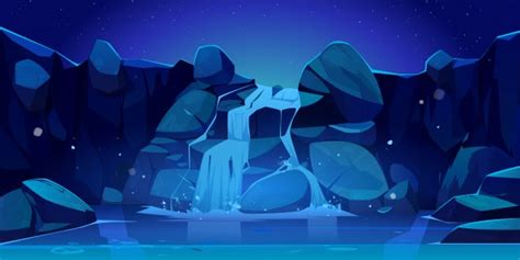 Free Vector Illustration Of Waterfall And Rocks At Night Cenário