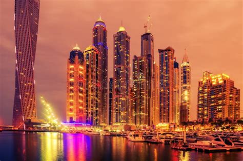 Dubai Marina With Colorful Sunset In Dubai United Arab Emirates Stock